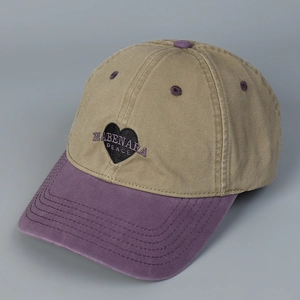 Detailed embroidery of heart and text on khaki and purple vintage baseball cap