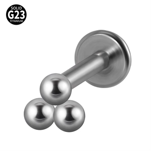 Solid G23 titanium labret stud with a three-ball trinity top design in silver finish