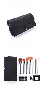Close-up of black nylon makeup brush organizer showing folded and unfolded storage views
