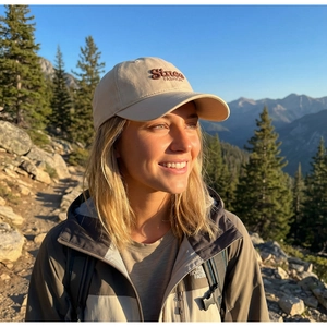 Close-up of beige cotton baseball cap with 3D embroidery worn by hiker in sunset