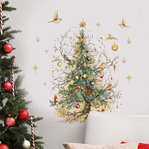 Watercolor Christmas tree wall sticker with gold stars and birds on a white wall