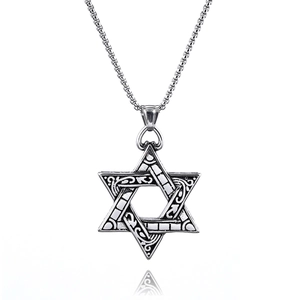 Vintage silver stainless steel Viking Star of David pendant with embossed details on chain