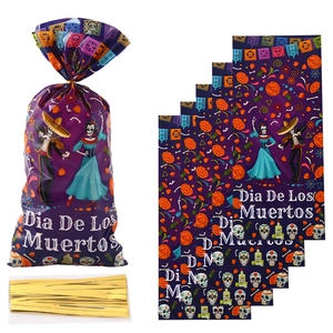 Detailed view of Dia De Los Muertos treat bags with skull patterns and golden twist ties