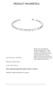 Detailed specifications of S925 sterling silver hammered cuff bracelet showing weight and size