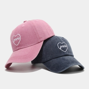 Vintage washed cotton baseball caps with Paris heart embroidery in pink and dark grey