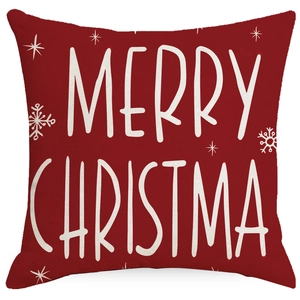 Housse de coussin de Noël rouge en lin avec texte Merry Christmas blanc et flocons