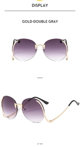 Front and side view of frameless round sunglasses with gold metal frame and gradient lenses