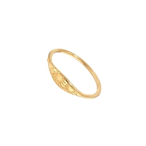 Minimalist gold stainless steel ring with vintage sunburst engravings on white background