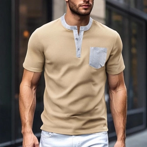 Men's summer waffle knit Henley shirt in khaki with contrast grey pocket and collar detail