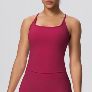 Detailed front view of women's dark red yoga tank top featuring a square neck and slim straps