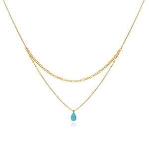 Collier double rang plaqué or 18 carats avec pendentif opale bleue en forme de goutte