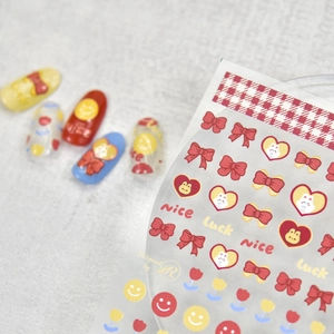 Sweet 5D bunny nail stickers set with red bows, tulips, and artistic luck text
