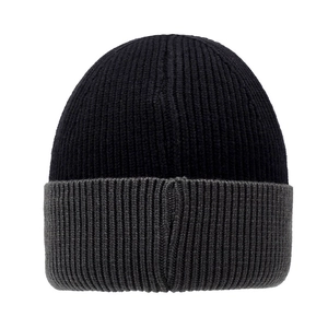 Men's winter knit beanie in black and dark grey two-tone thick ribbed warm thermal style