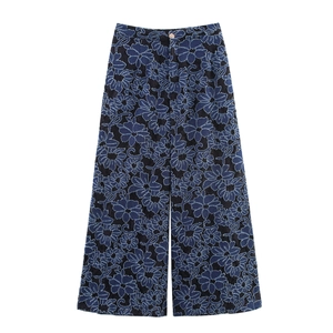 Women Straight Leg Pants Hollow Out Embroidered Vintage Floral Denim Lace Patchwork Mid Waist Elegant Long Trousers