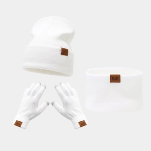 Winter knit set featuring a DAD leather patch on hat, neck warmer, and touch gloves