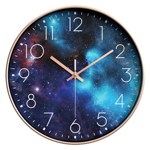 Modern 8 inch round wall clock with rose gold frame and blue starry galaxy dial face