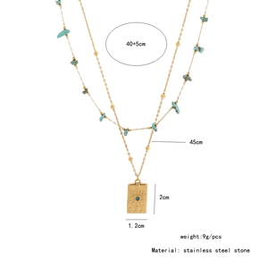 Detail showing dimensions of double layer turquoise and eye pendant stainless steel necklace