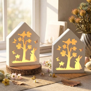 Minimalist wooden house night light with hollow forest forest rabbit and bird patterns