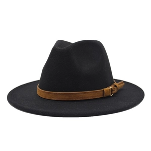 Classic black wool felt fedora hat featuring a brown tassel band and golden buckle