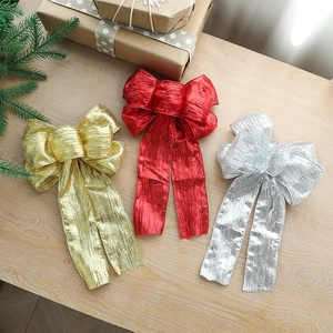 Christmas Tree Topper Bow Glitter Metallic Crinkle Fabric Wired Edge Holiday Party Decoration DIY Hanging Ornament
