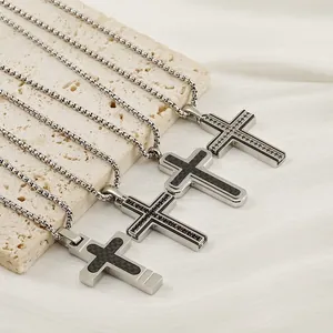 Kreuz Anhänger Halskette Edelstahl Mit Kohlefaser Und Strass Hip Hop Mode Schmuck Für Herren Damen