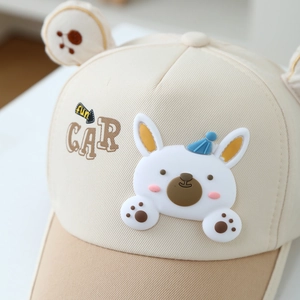 Beige kids cotton baseball cap featuring 3D rabbit ears and cute silicone bunny patch
