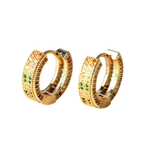 Gold-plated hoop earrings with multi-colored crystals in a minimalist hip-hop style