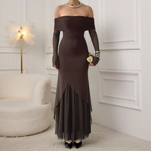 Robe Longue À Épaules Dénudées Patchwork En Maille Coupe Ajustée Manches Longues Ourlet Sirène Élégante Soirée Femmes