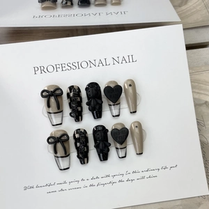 Handmade press-on nails set with 3D black bears, hearts and checkerboard pattern design