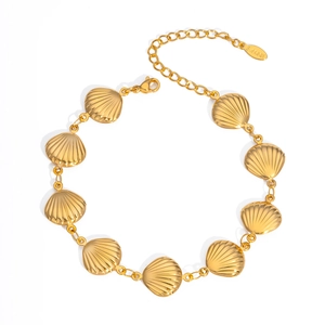 Polished gold stainless steel seashell link bracelet with adjustable lobster clasp closure
