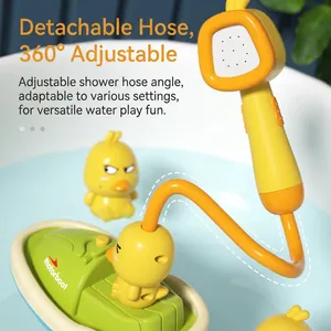 Electric yellow duck bath toy with motorboat and 360-degree adjustable flexible shower hose