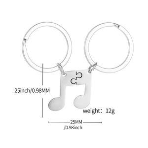 Silver stainless steel music note split keychain set for couples with size dimensions