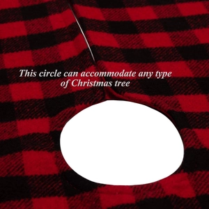 Detailed view of the universal center opening on the red and black buffalo plaid tree skirt