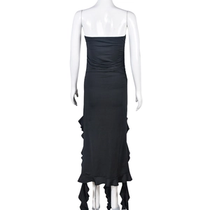 Back view of slim fit black strapless midi dress featuring hollow waist and ruffled hem
