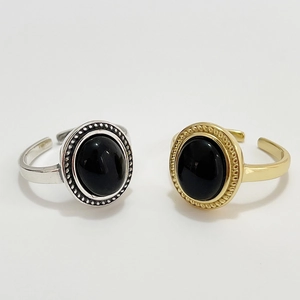 Retro 925 Sterling Silver Adjustable Ring Vintage Oval Black Agate Beaded Edge Minimalist Jewelry For Women