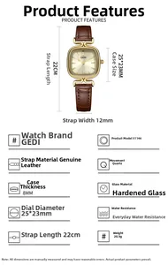 Detailed size chart for the retro square gold watch with brown leather strap dimensions