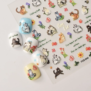 5D embossed nail art stickers featuring cute 3D cat designs and floral patterns