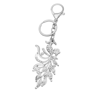 Elegant peacock keychain with sparkling rhinestones and silver metal ring for car keys