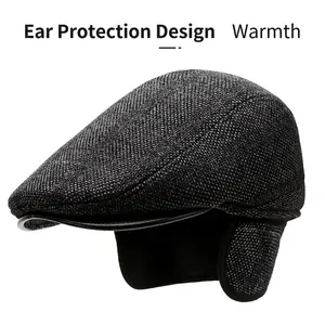 Winter plaid newsboy cap with ear flaps for men, featuring warm fleece lining and dark grey wool