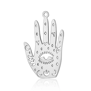 Detailed silver Hamsa Hand pendant with hollowed eye and star patterns on white base