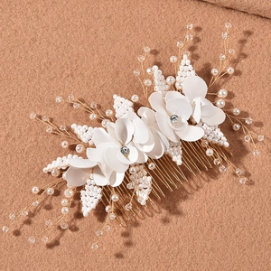 Elegant bridal hair comb with white satin flowers and gold wire pearl branches