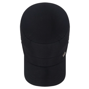 Black cotton flat top military cap with metal SPORT side badge and stitched brim detail