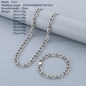 7mm silver stainless steel NK Cuban chain set with detailed size and weight specs