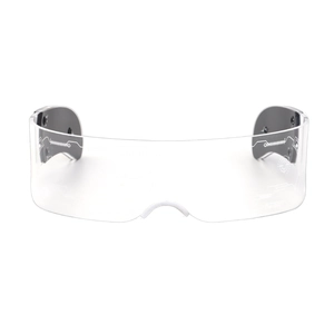 Cyberpunk LED glasses with transparent lenses and tech patterns on white background