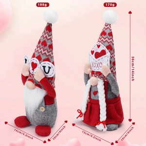 Detail of Valentine's Gnomes featuring knitted heart hats and XOXO gift props