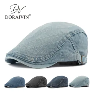 Washed Denim Flat Cap Vintage British Style Ivy Hat Adjustable Buckle Forward Beret For Men Women Casual