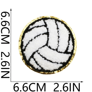 Detail of volleyball chenille patch with gold glitter edge and size reference in inches