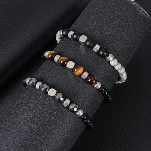 Mens natural tiger eye and obsidian bead bracelets with adjustable stainless steel accents
