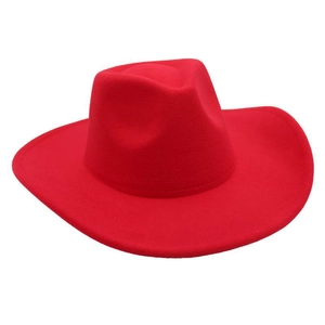 Detailed view of a wide-brimmed red felt fedora hat with matte finish and classic crown crease