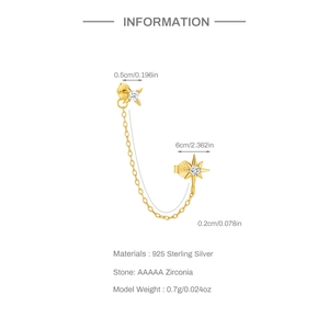 Detail view of gold S925 sterling silver star stud earring with chain and 5A zircon stones